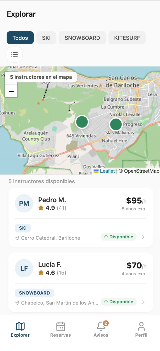 SnowRider - Explora instructores en el mapa